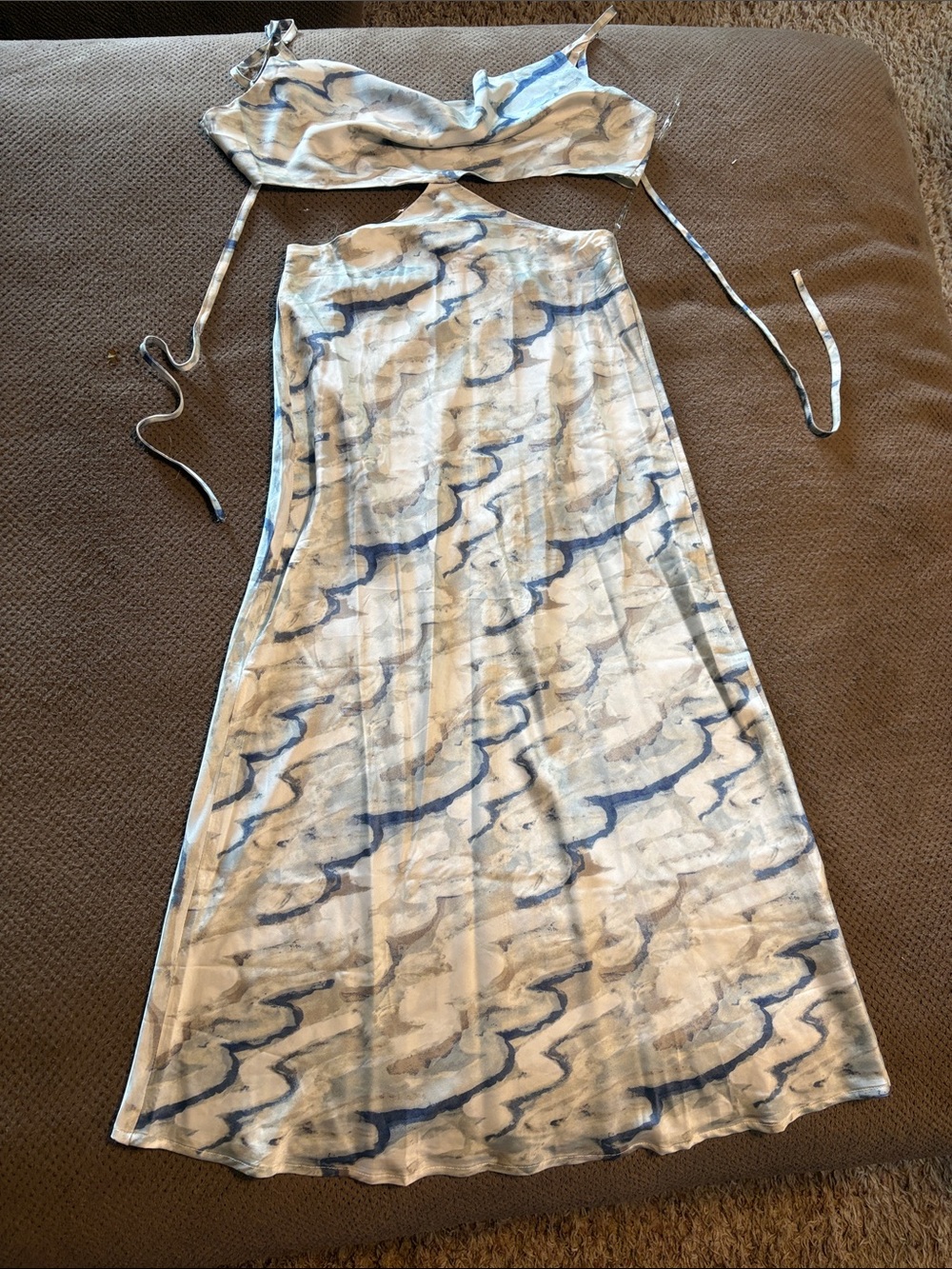 Blue Marble-Print Maxi Dress with Tie Straps